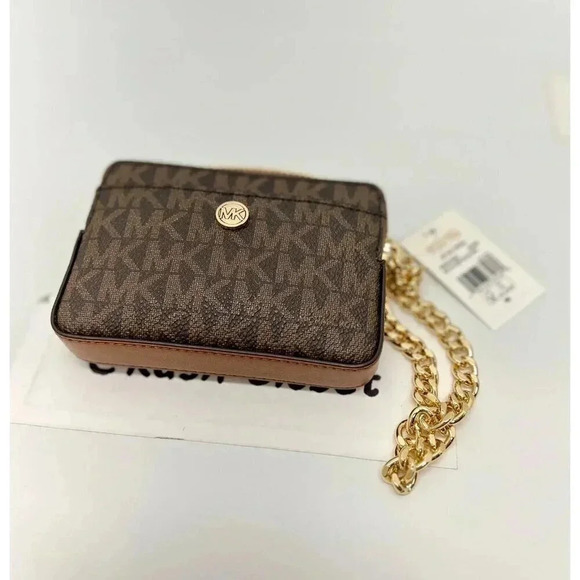 Michael Kors Medium Logo Zip Chain Card Case Wallet Brown - Picture 1 of 6